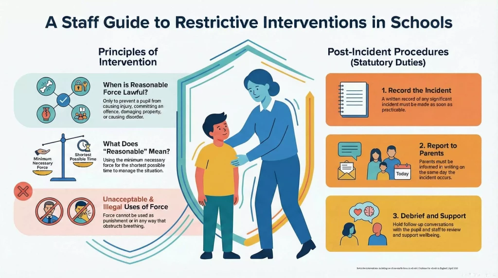 Based on Government Guidance on Restrictive interventions, including use of reasonable force, in schools | Guidance for schools in England | April 2026 